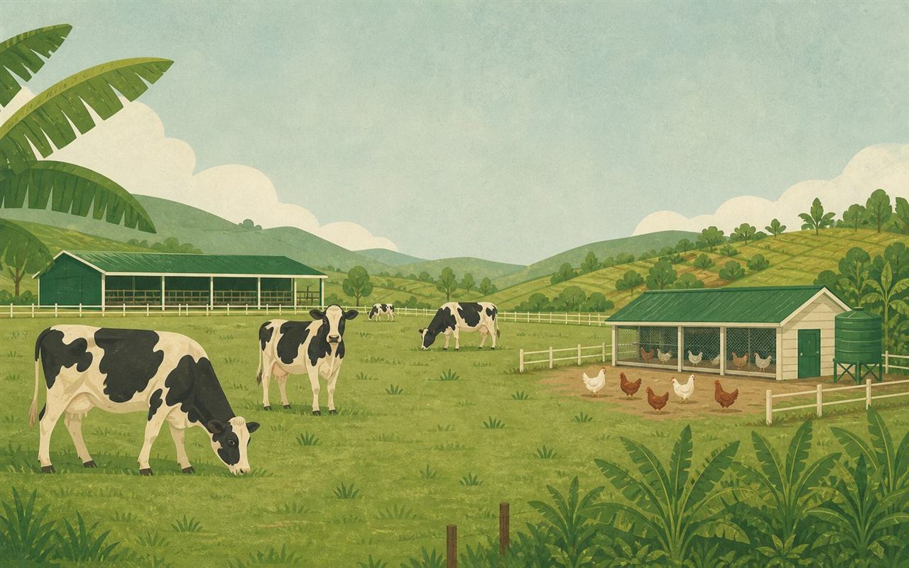 An illustrated dairy and poultry farm among green hills.